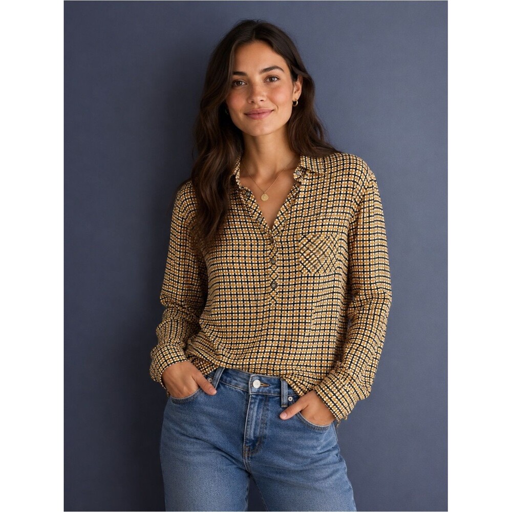 NEW Chaser Green & Mustard Yellow Checkered Popover Shirt Top Size Small Retro